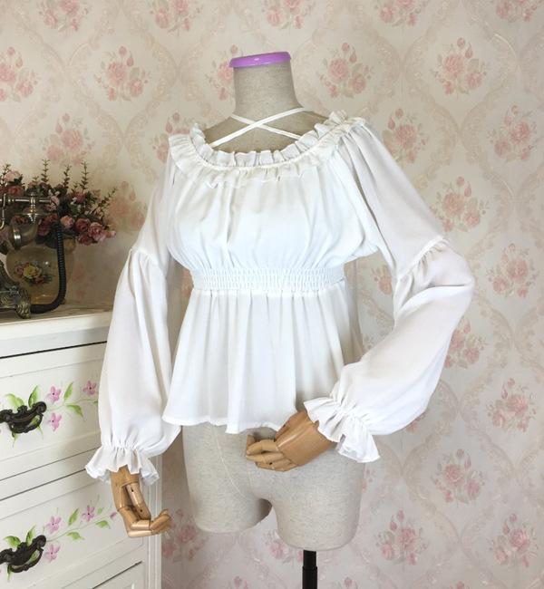 Lolita Off-Shoulder Western Dress: Ruffled Chiffon Soft Girl High-Waisted Long-Sleeve Shirt
