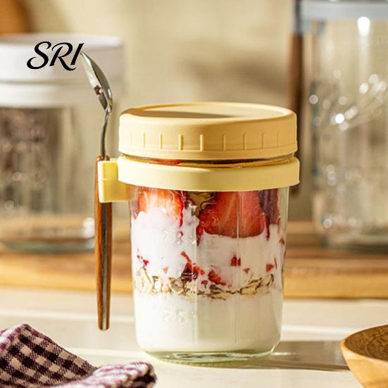 BPA-free Glass Food Container Overnight Oats Containers with Airtight Lid & Spoon 350ml Breakfast for Yogurt Clear Cereal Storage Jar Salad