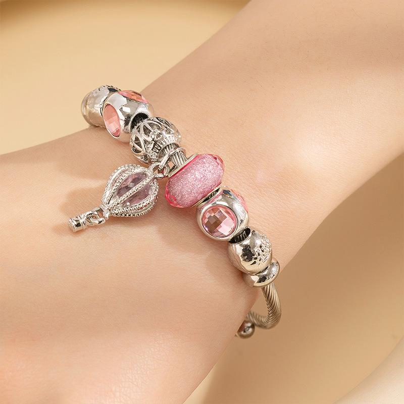 Adjustable Open Bangle Bracelet With DIY Beaded Pink Air Balloon Charm Stainless Steel