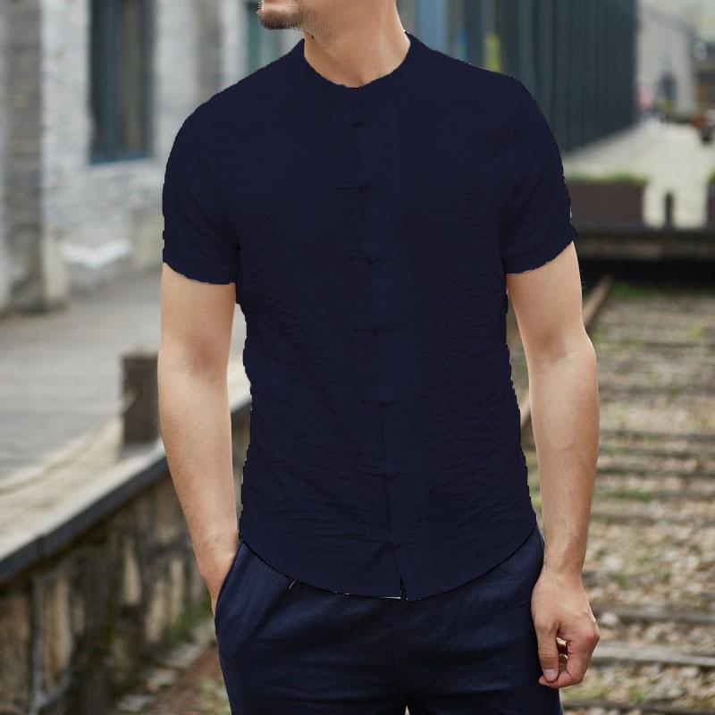 Summer Thin Pure Color Men's Shirt Collar Button Up Short Sleeve Slim Fit Casual Cotton Blend Menswear Traditional Chinese Style
