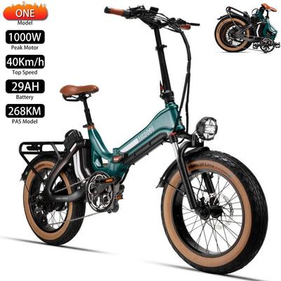 Electric Bike Foldable MIHOGO ONE 20" Tire 1000W Peak Motor 48V 29AH Dual Disc Brakes Load 120KG 7 Speed Green or Grey