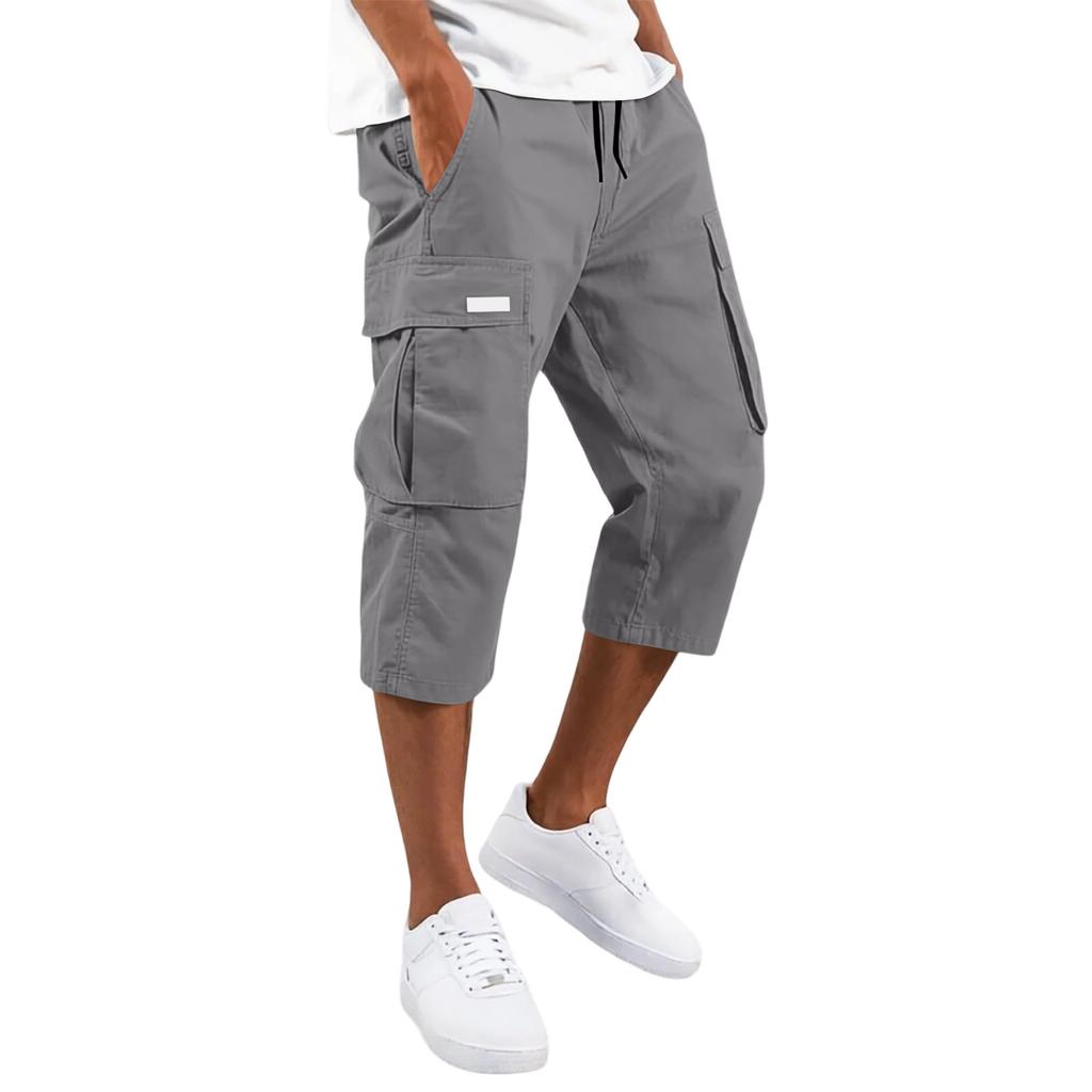Men's Drawstring Cargo Pants - Multi Pocket Casual Cropped Pants