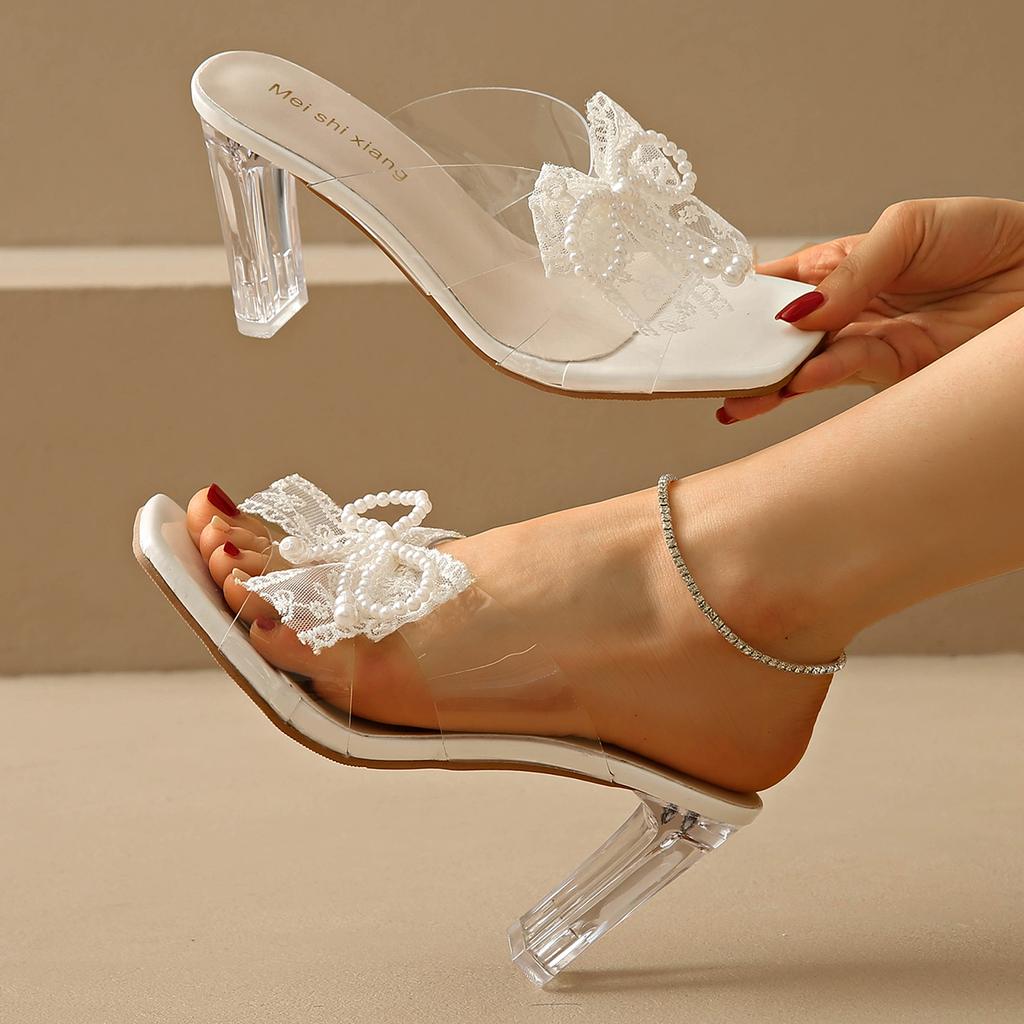 Fashion Elegant Women's Pearl Bowtie Sandals Summer 2025 Thick High Heels Crystal Slippers Woman Square Toe Lace Beaded Gladiator Shoes