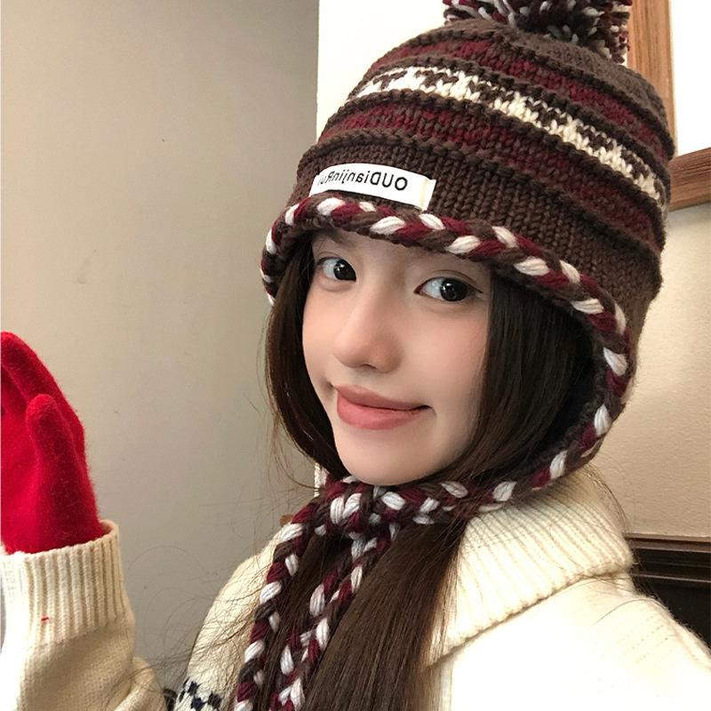 Contrasting Color Hairball Braid Knitted Hat Women's Autumn and Winter Warm Versatile Face Small Ear Protectors