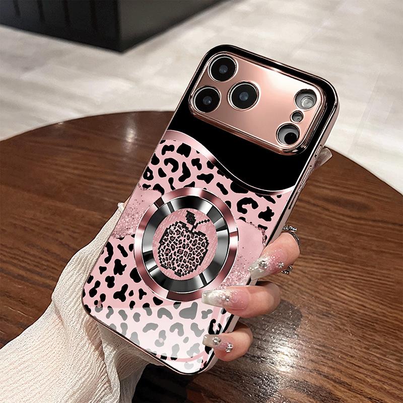 Sparkling Pink Leopard Metallic Tempered Glass Phone Case For iPhone 11 12 13 14 15 16 17 Pro Max 15 14 Plus 17 Air 17E Cover