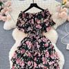 Summer French One Line Neck Fragmented Flower Dress Pleated Waist Wrapped High Grade Sweet Dress