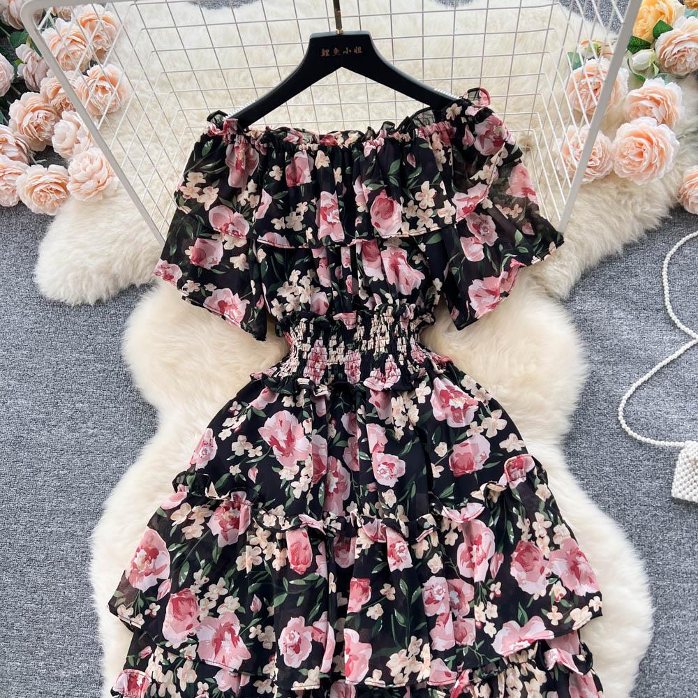 Summer French One Line Neck Fragmented Flower Dress Pleated Waist Wrapped High Grade Sweet Dress