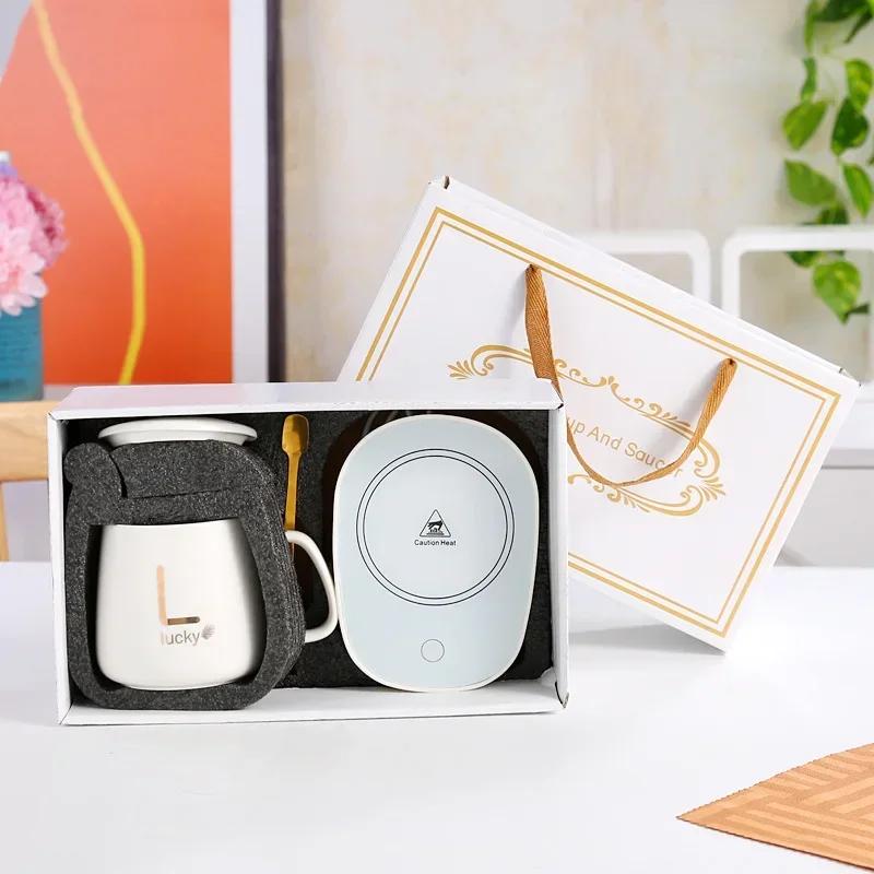 Gift Box Ceramic Cup with Spoon and Storage Bag Set Folding Spoon for Portable Meals 55 Degrees Thermostat Cup