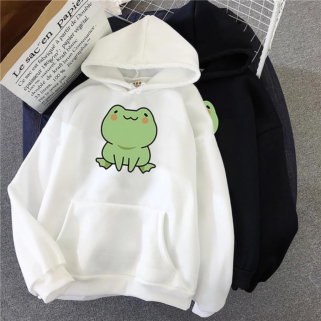 Women Frog Print Hoodie Ladies Candy Colored Long Sleeved Fleece Hooded Student Loose and Casual Top