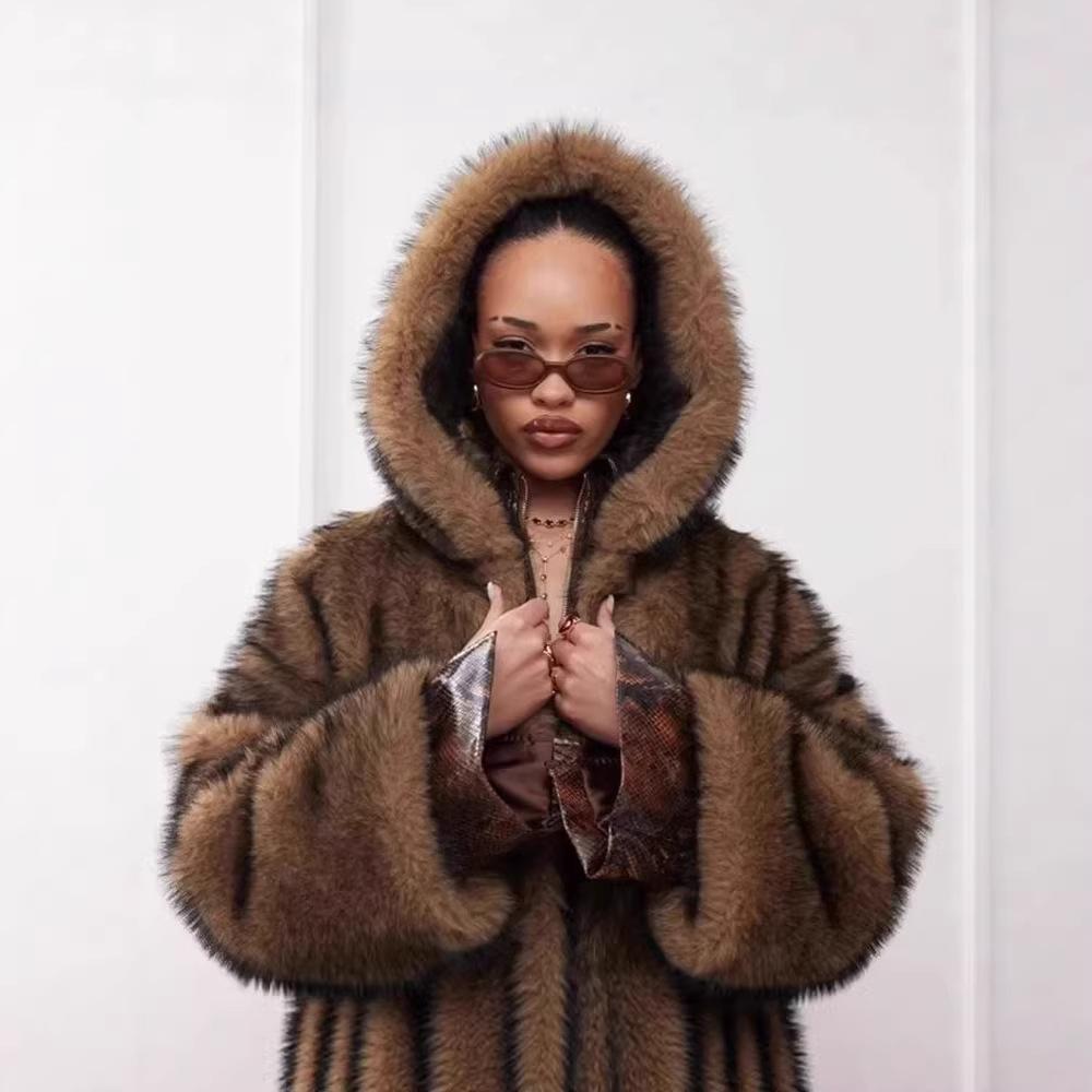 Winter imitation fur jacket extended women's wolf fur hooded thermal hooded trench coat