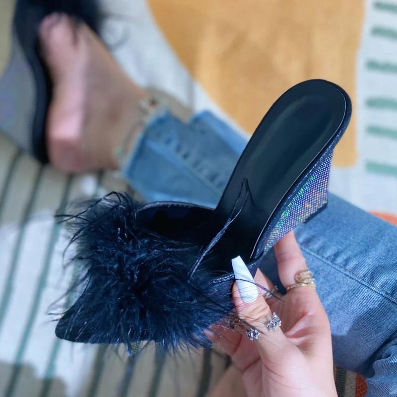 Fashion Eilyken New Design Feather Fur Wedges Slippers Sandals Women Pointed Toe Mules Lady Pumps Slides Zapatillas De Mujer