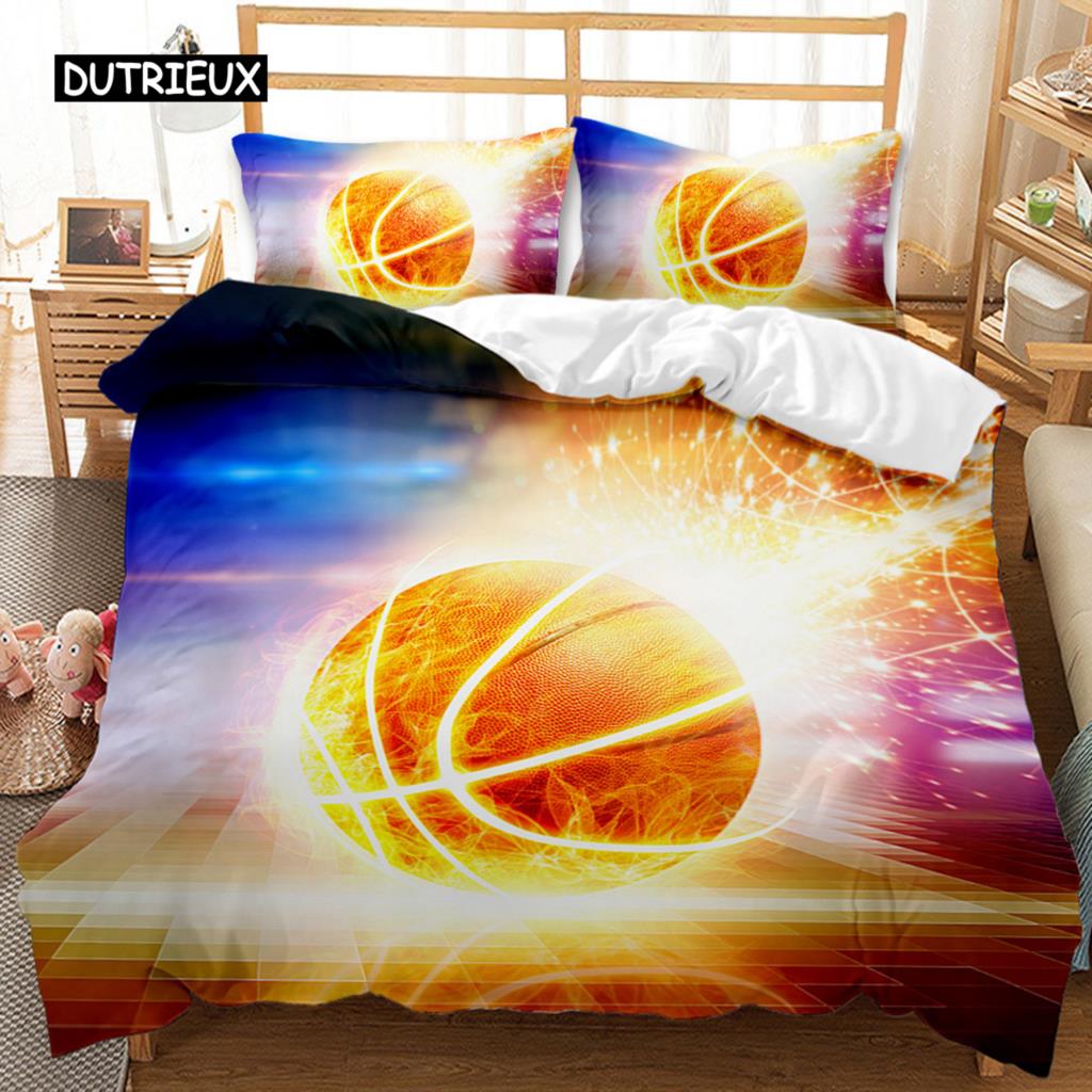Basketball Duvet Cover Set Twin Size Sports Basketball Fire Pattern Twin Bedding Set Microfiber Quilt Cover for Boys and Teens