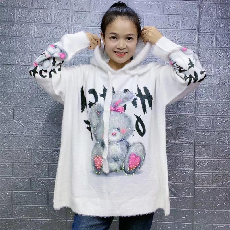 2023 Autumn/Winter Women's Hooded Loose Sweater with Cartoon Rabbit and Rhinestone Design