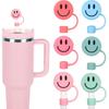 Whaline 6Pcs Smile Face Straw Covers Pink Green Silicone Reble Round Straw Topper Gradient Color Double Sided Pattern Straws Tips Covers 10mm 0.4