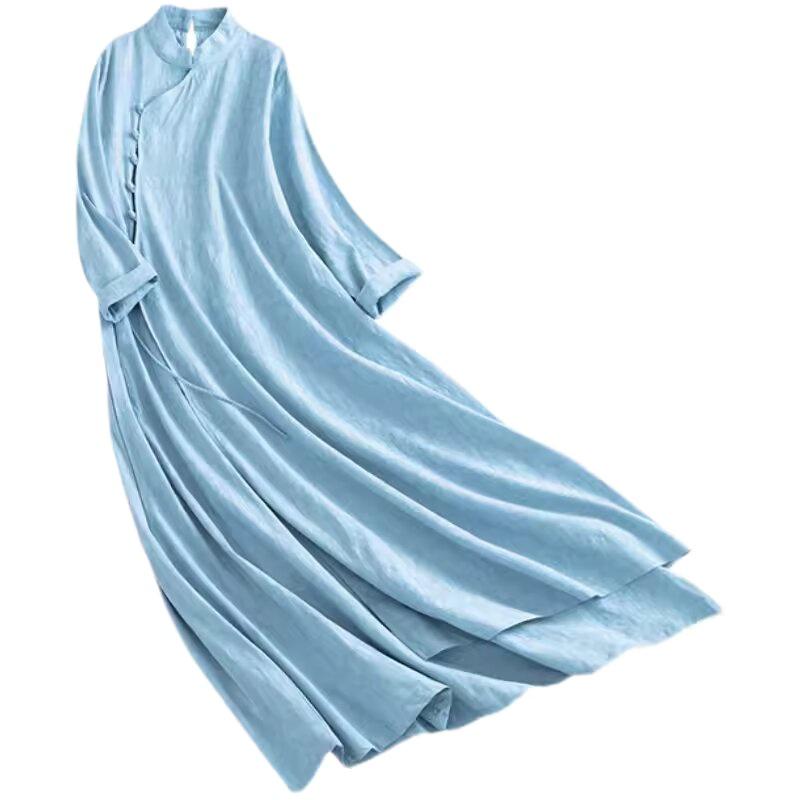 2024 Women's Double Layer Chinese Frog Button Cotton Linen Dress for Spring/Autumn - Retro Zen Tea Ceremony Style