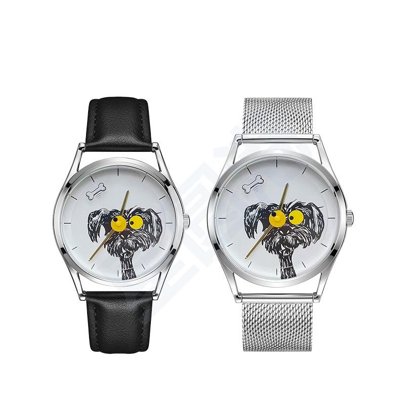 Scribbled Puppy Cartoon Quartz Watch Pointer Display Leather Band for Children Junior High School Students Unisex Student Watch