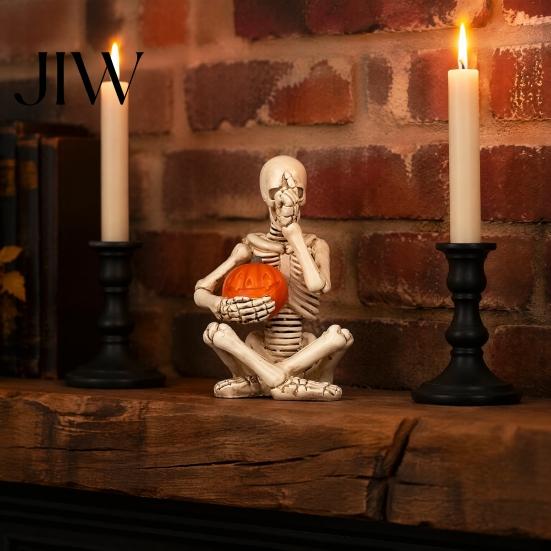 Alternative Home Accessories Vintage Skeleton Holding Pumpkin Statue, Halloween Resin Figurine, Gothic Handcrafted Sculpture Desktop