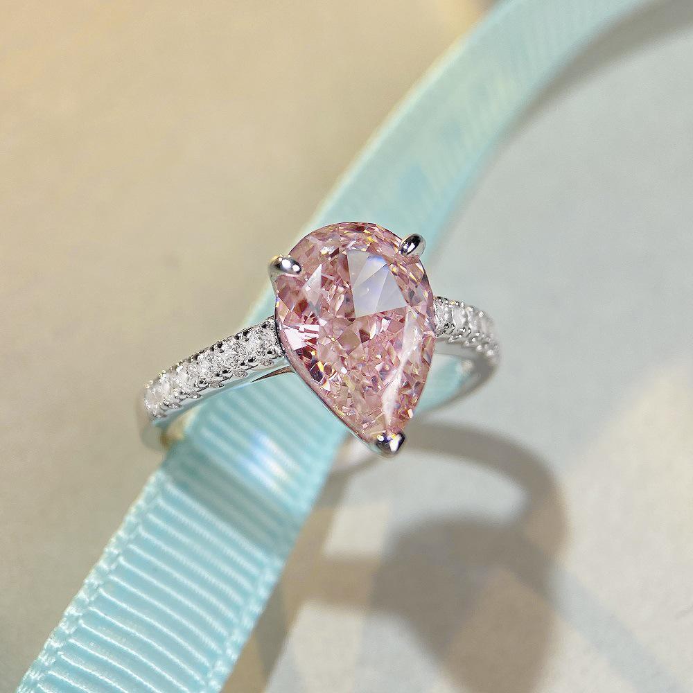 Nine Beauty Jewelry Teardrop Zircon Ring: S925 Sterling Silver, Pink High-Carbon Diamond, European & American Ice Flower Cut.