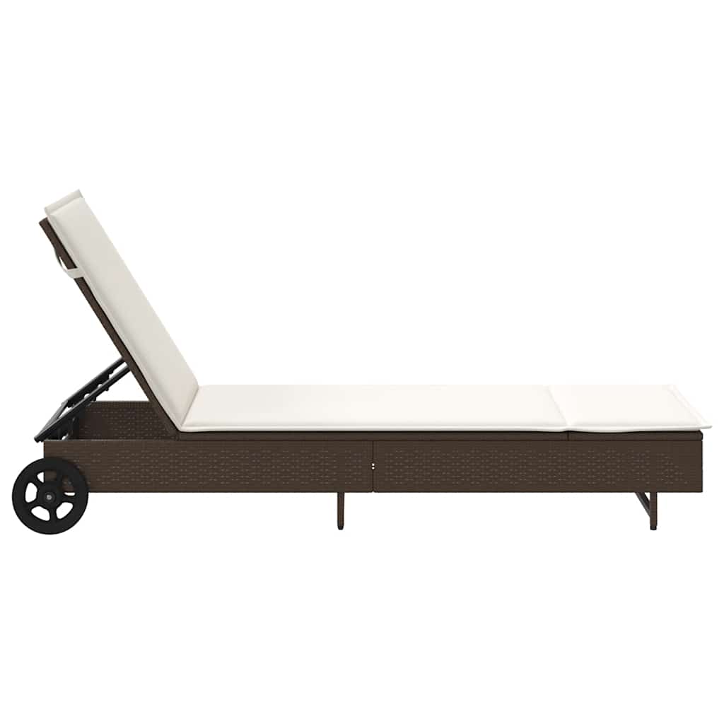 Sun Lounger with Wheels and Cushion Brown Poly Rattan