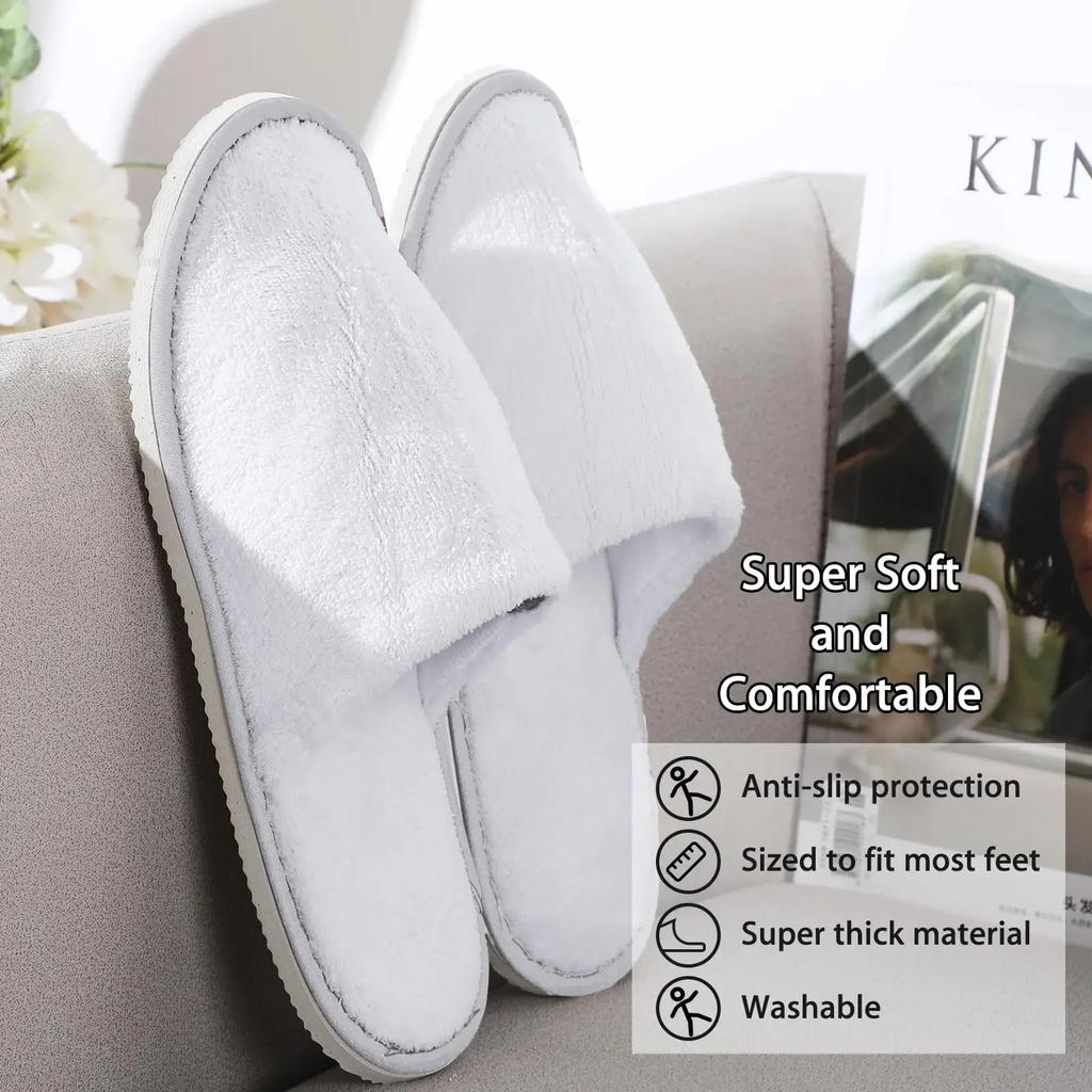 6 Pairs Disposable Slippers for Guests Bulk House Slippers Spa Fluffy Coral Fleece Indoor Hotel Slippers for Women Men