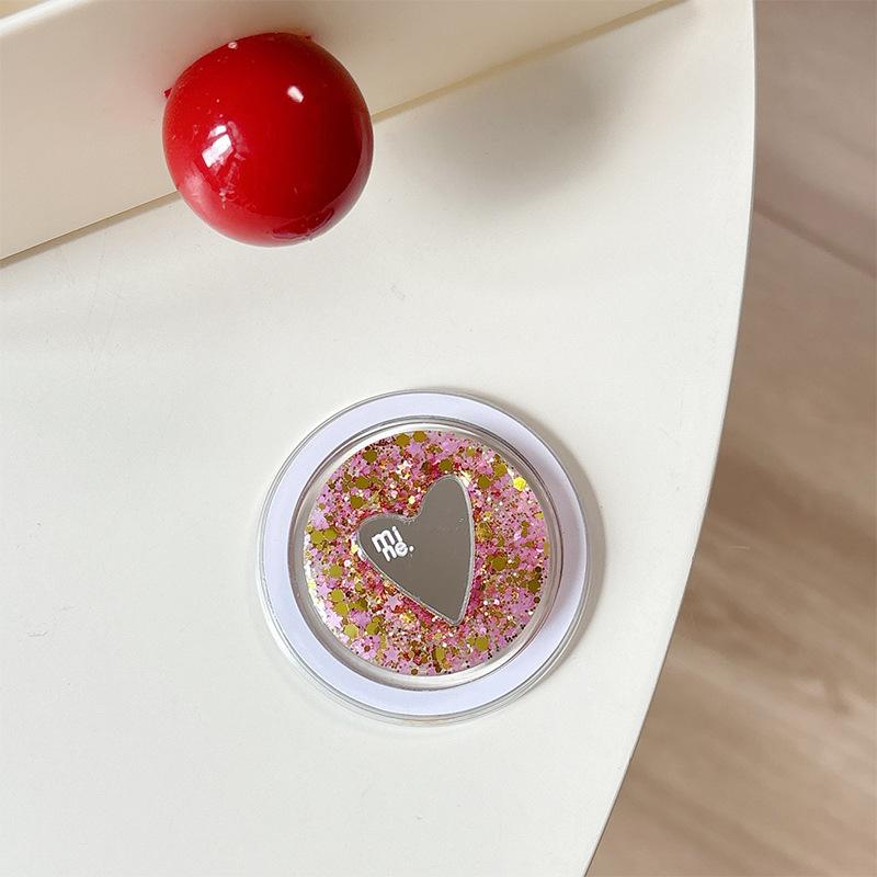 Round Sequin Love Mirror Mobile Phone Holder Airbag Retractable Magnetic Desktop Stand To Watch Dramas And Fold To Carry With You