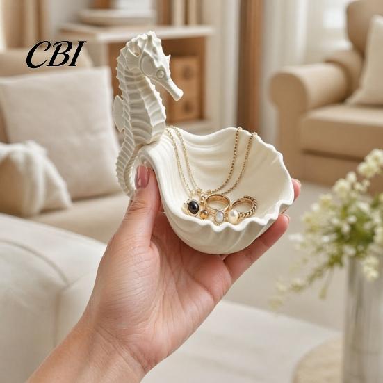 Bathroom Countertop Organizer Jewelry Holder, Seahorse Shape Storage Tray, with Wave Shell Tray Groove Design, for Rings Necklaces Earrings