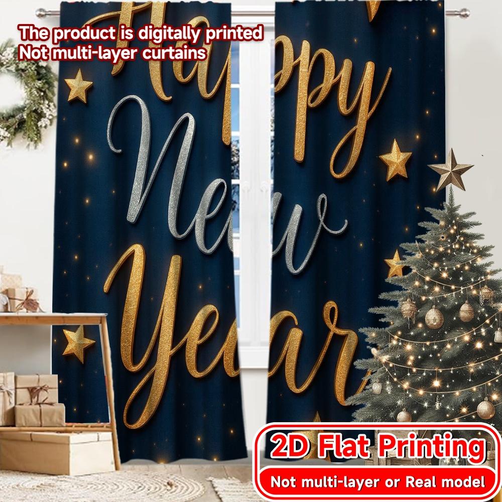 

2D Flat Printing 2pcs New Year Stars Chic Curtain Cloth Machine Washable Fabric Curtains Festive for Grey Semi-Transparent 100*130 Grommet Top 1pcs