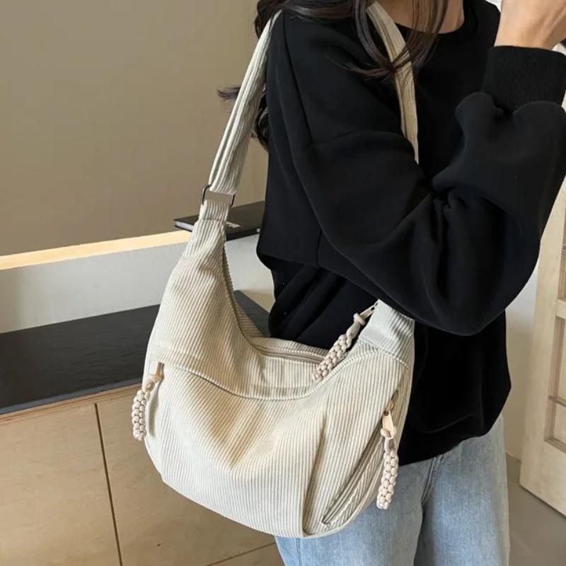 Corduroy Shoulder Bag Solid Women Crossbody Bag with Pockets Crescent Bag Everyday Sling Bags for School Travel Work bolsa