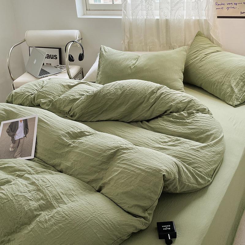 Bed Sheet Quilt Cover Nude Sleeping Pure Cotton Four-piece Set Washed Cotton Soft Bed Sheet Quilt Cover Solid Color Bedding