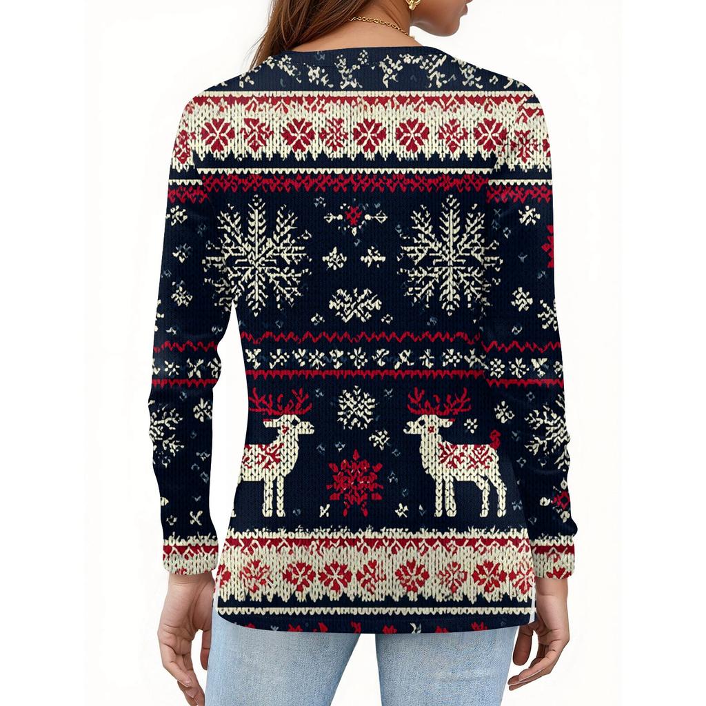 Women's Fashion Casual H Printed V-Neck Long Sleeve Decorative Button T-Shirt Tops