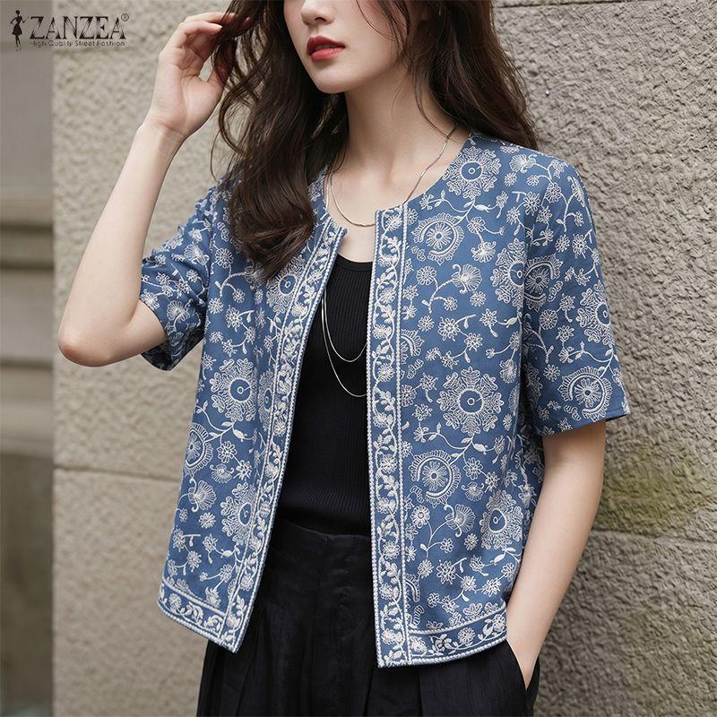 ZANZEA Women Retro Print Casual Round Neck Short Sleeve Open Front Cardigan Tops