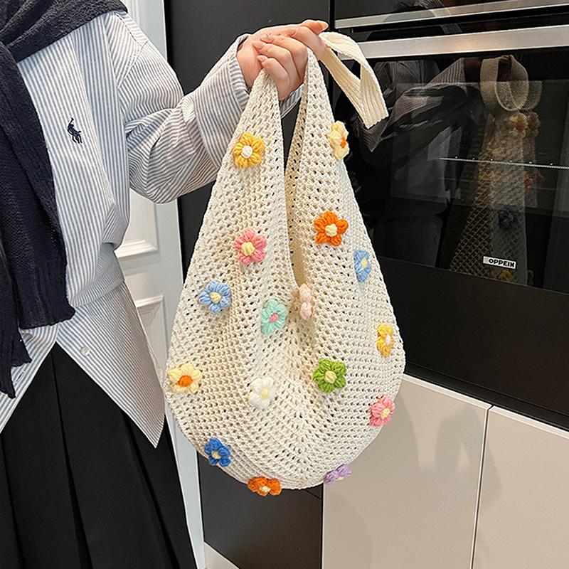 Women Flower Knitted Shoulder Bag  Handbag Lightweight Crochet Tote Bag Casual Top Handle Bag Outdoor Travel Bag