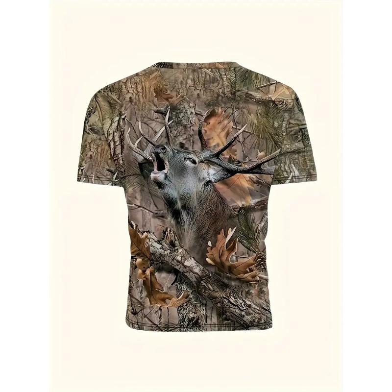 Men's Deer Print T-shirt Sports Short Sleeved Crew Neck T-shirt for Summer Outdoor Fitness Workout Men's Clothing