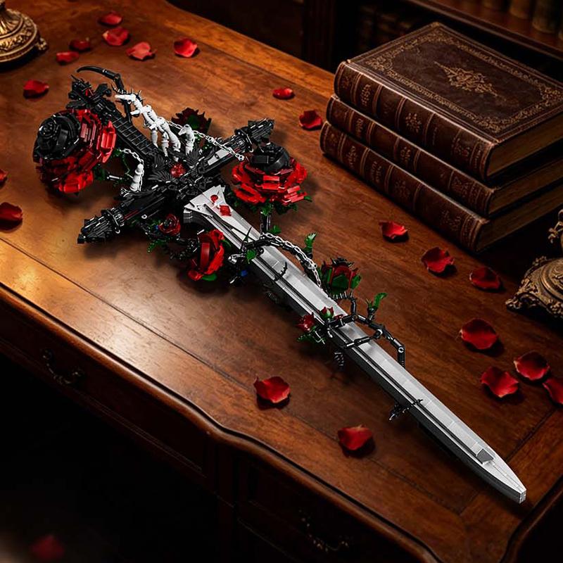 Black Thorn Sword Rose Building Blocks Gothic Style High Difficulty Assembly Model Creative Ornament Dark Style Gift