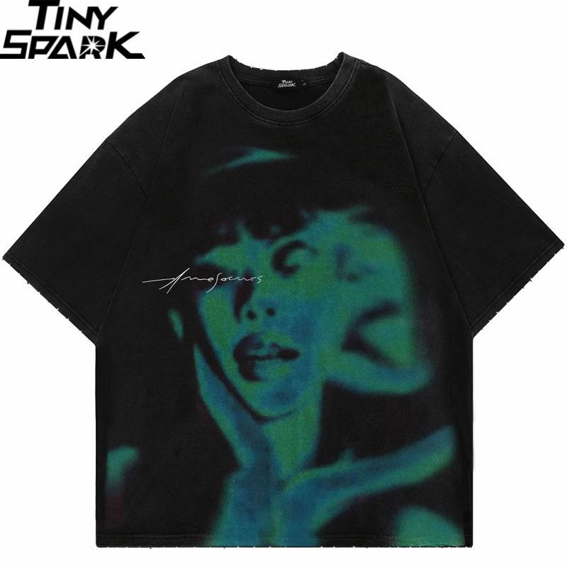 Men T Shirt Streetwear Hip Hop Oversized T Shirt Soulmate Shadow Graphic Tshirt Distressed Harajuku Ripped Tops Tees Cotton