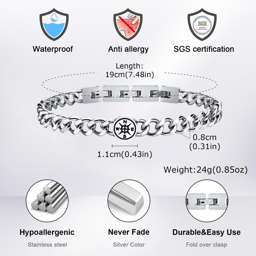 Compass Circle Cuban Bracelets for Men Boys,Fold Over Clasp Stainless Steel Chain Link Wristand,Simple Jewelry Gifts