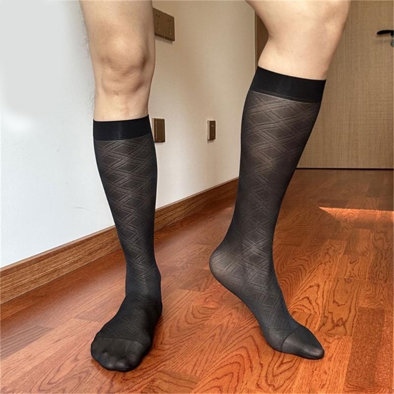 Men's Breathable Nylon Thin Dress Socks with Argyle Pattern Design Middle Calf Business Formal Socks Hosiery Gift