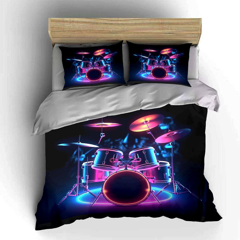 Neon Drum Set Art Decor Soft Comfortable Duvet Cover Bedding Set Included 1*Duvet Cover & 2*Pillowcases, Gift