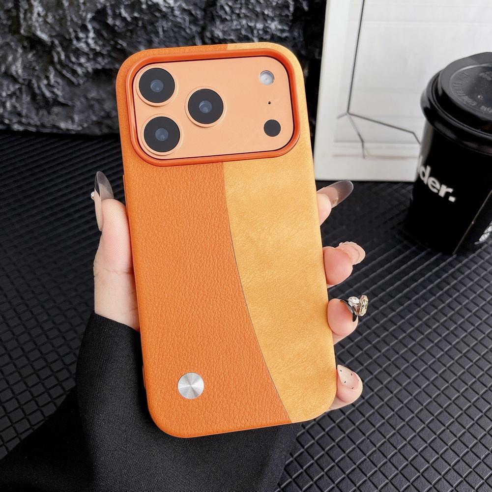 Leather Texture and Plain Leather Splicing Lens Heightening Protective Case for iPhone17 Pro Max 17 Pro 17 Air 16 15 14 13 Cover