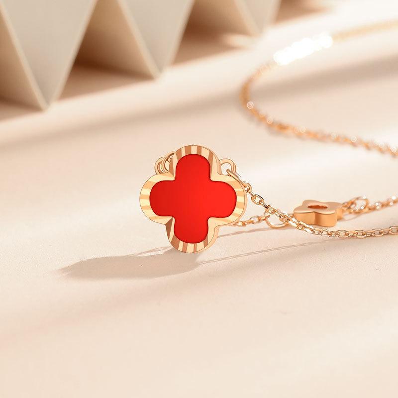 S999 Pure Silver Clover Red Agate Necklace Female Pendant Light Luxury Minority