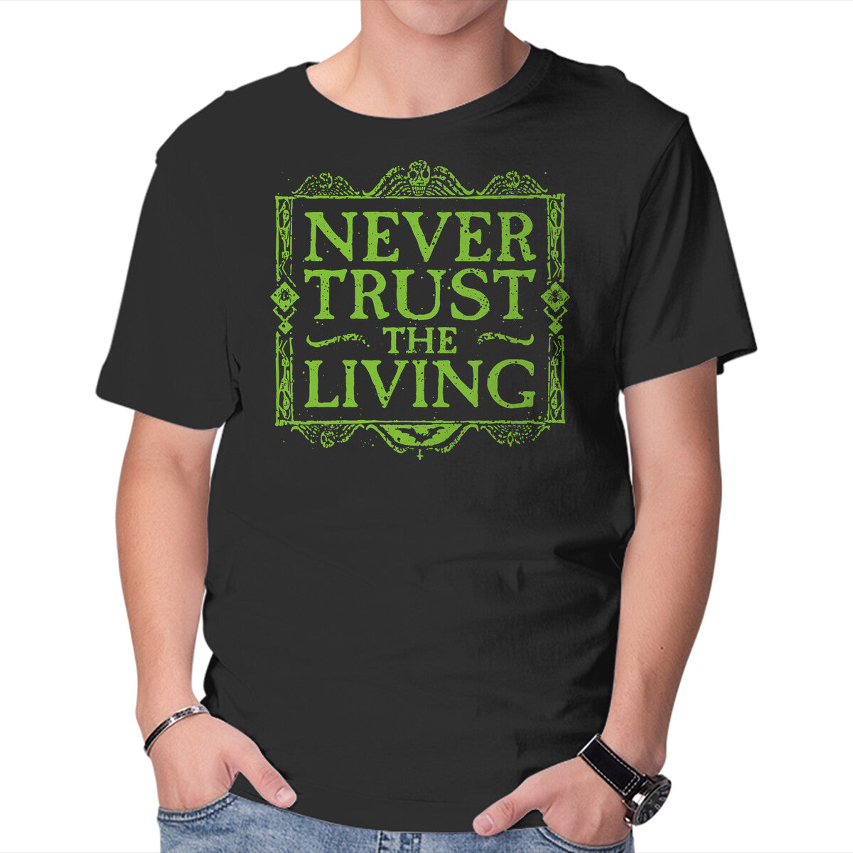 Unisex Crew Neck T-Shirt Never Trust Living Graphic Short Sleeve Casual Tee XL