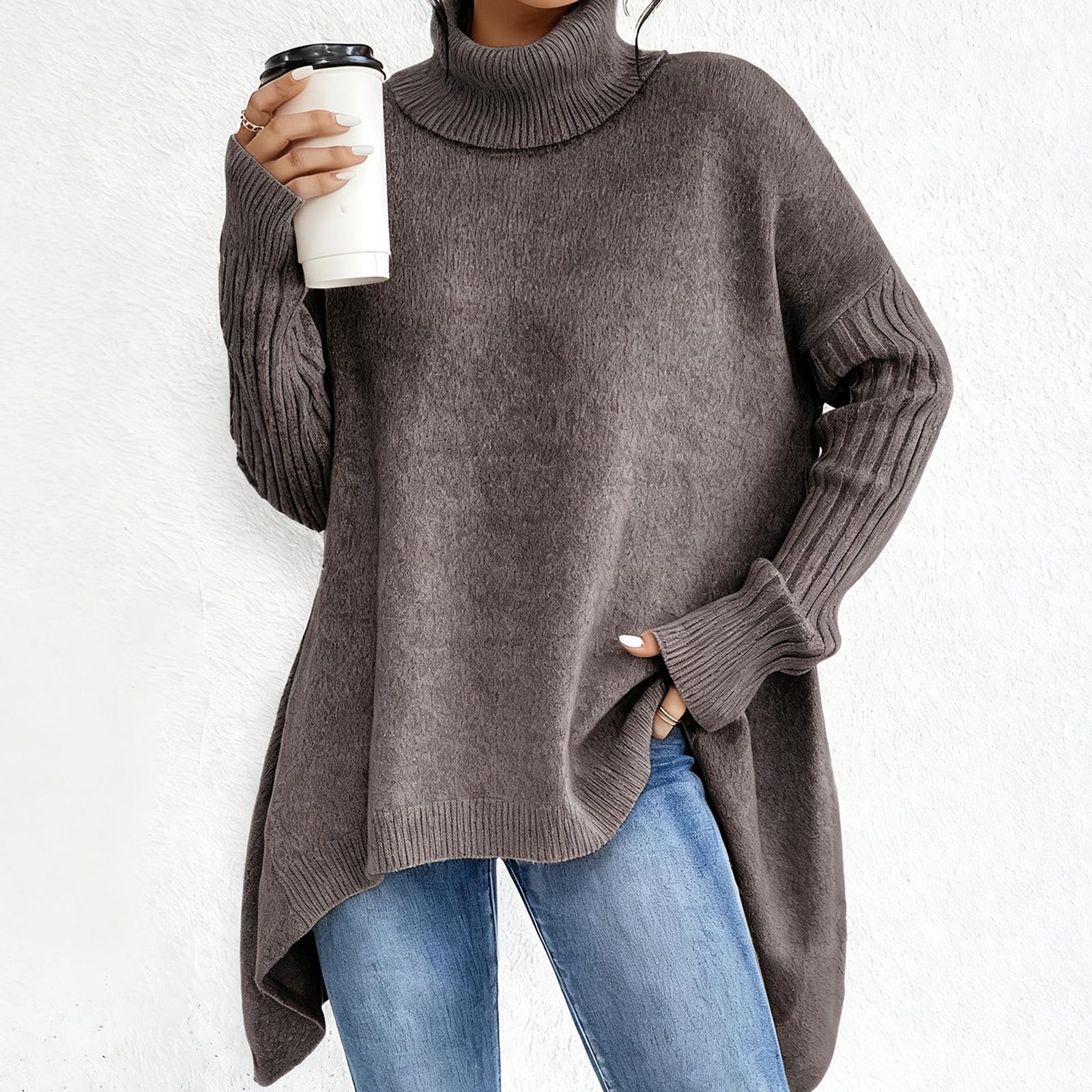 

Женский Удобный Свободный Модный Повседневный Спущенное Плечо Высокая Горловина Толстой Вязки Свитер Пуловер S коричневый