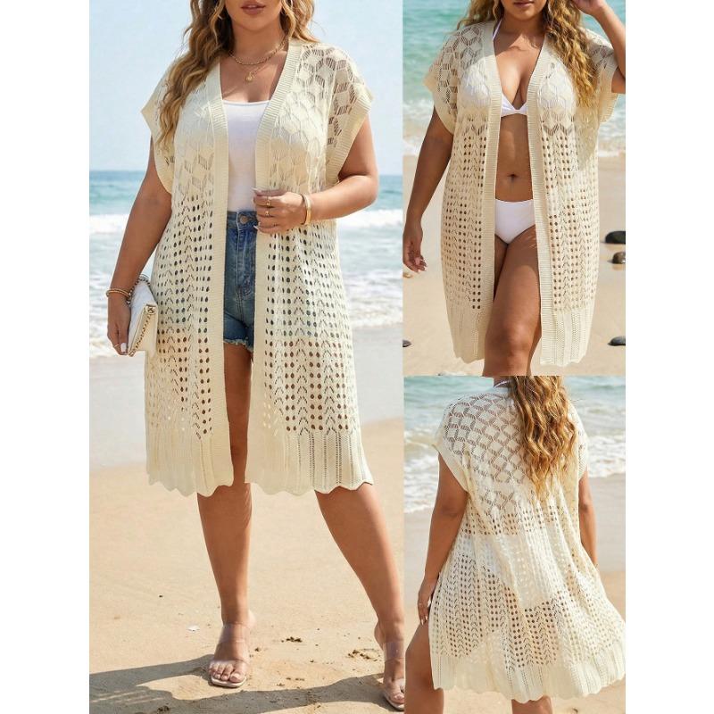 Damski Kardigan Szydełkowy Plus Size Z Dziurkami Otwarty Krótki Rękaw Długi Cover Up
