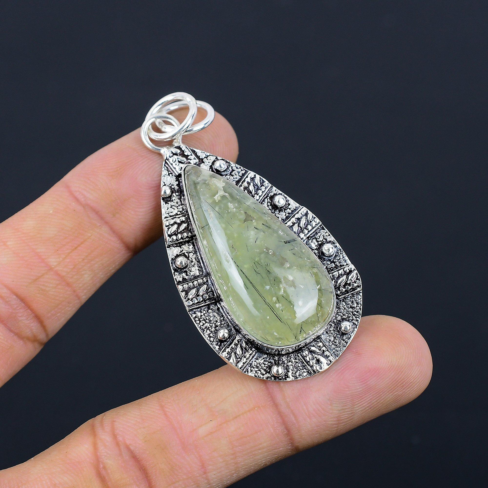 Mothers day Deal Pear Moss Moss Prehnite Stone Sterling Silver Birthday Pendant