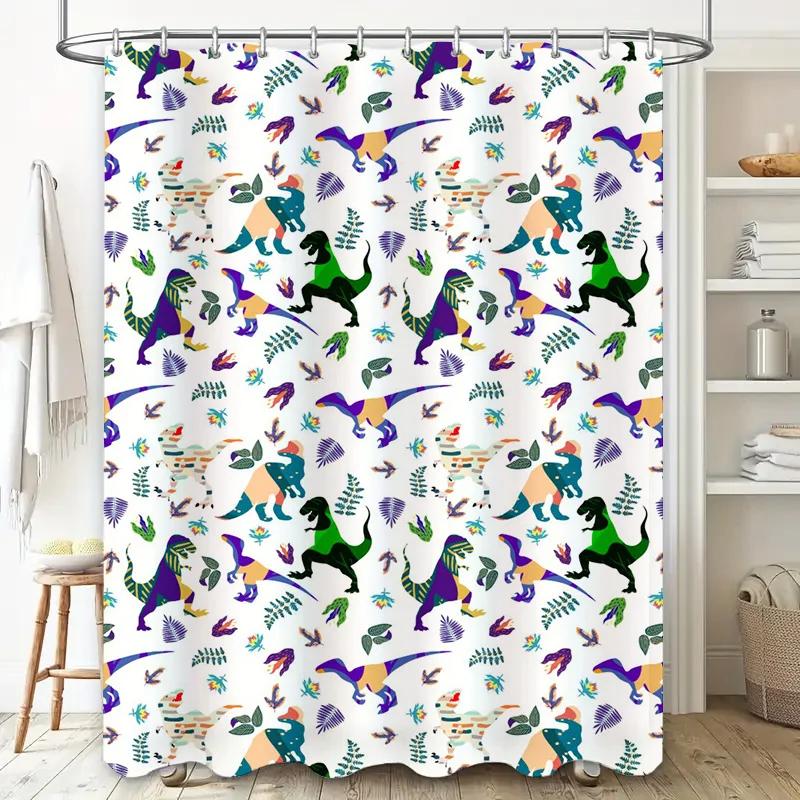 Vibrant Dinosaur Shower Curtain Multicolored T-Rex Pattern Bath Decoration For Kids Bathroom Waterproof Fabric Easy Hang Racks I