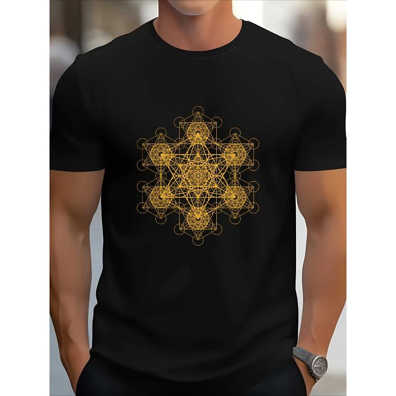 European sizes Men s Cotton Sacred Geometry Metatron Cube T-Shirt - Black with Golden Print Glossy Tee S чёрный