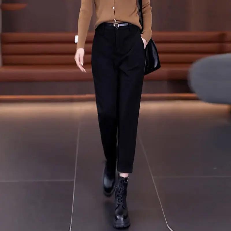 

Autumn and Winter Women s Solid Color Straight Pipe Pants Slim Button Fashion Casual Formal Office Lady All Match Trousers S чорний