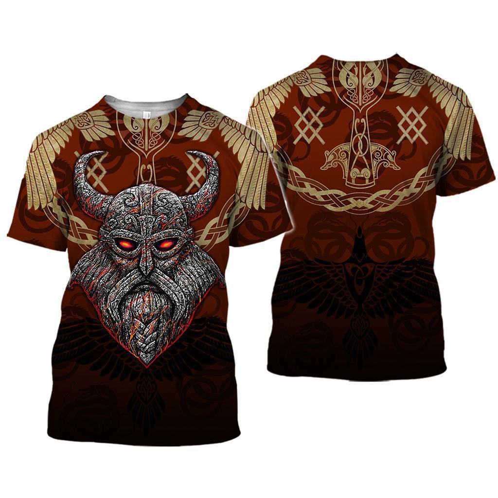 Summer Round Neck 3D Viking Tattoo Print Top Fashionable Casual Short Sleeved Men's T-shirts