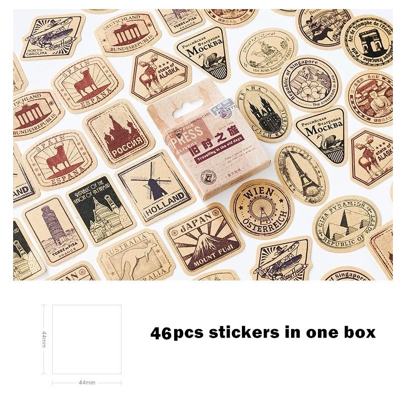 46pcs Traveling In The Old Days Stickers Set Vintage Countries Stamp Note Diary Letter Sticker Decoration Adhesive