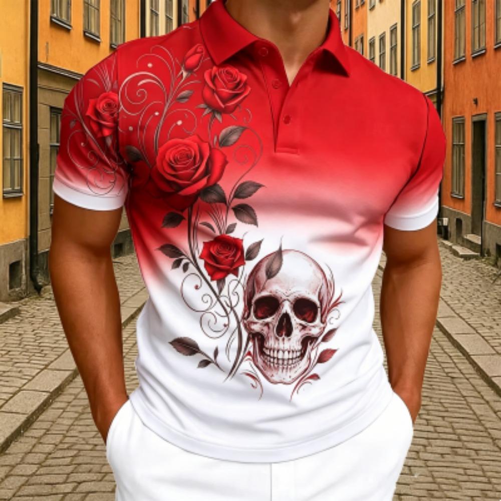 Men's Red Rose Floral Skull Print Polo Shirt Men's Outdoor Street Short Sleeve Tees Top Summer Home Casual T-shirt Men's and Women's Polo Shirt